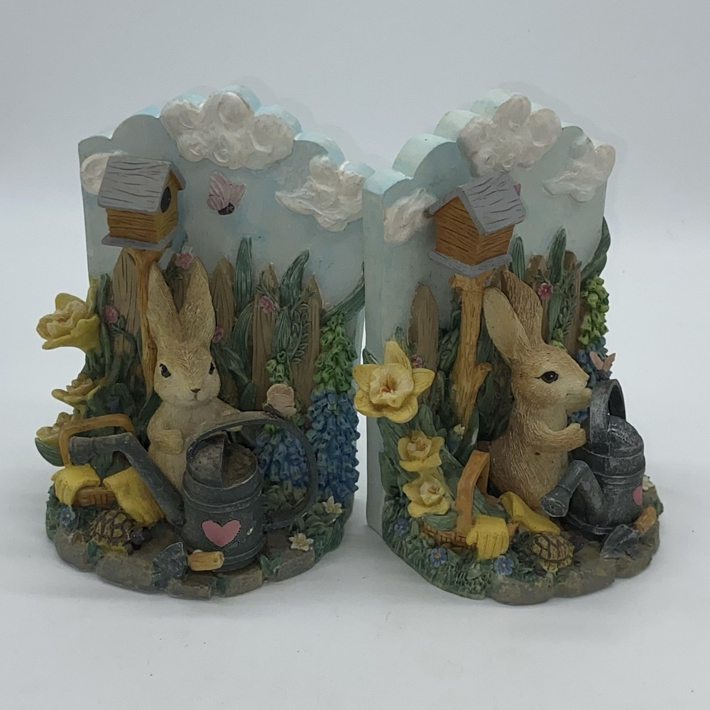 Bunny Hare Resin Spring Garden‎ Watering Can Ceramic Bookends 5 5/8" Tall